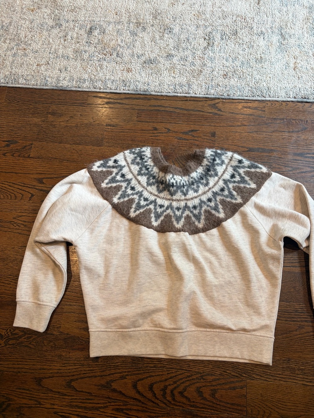MOTHER Fair Isle Yoke Crewneck Sweater - Light Gray & Brown